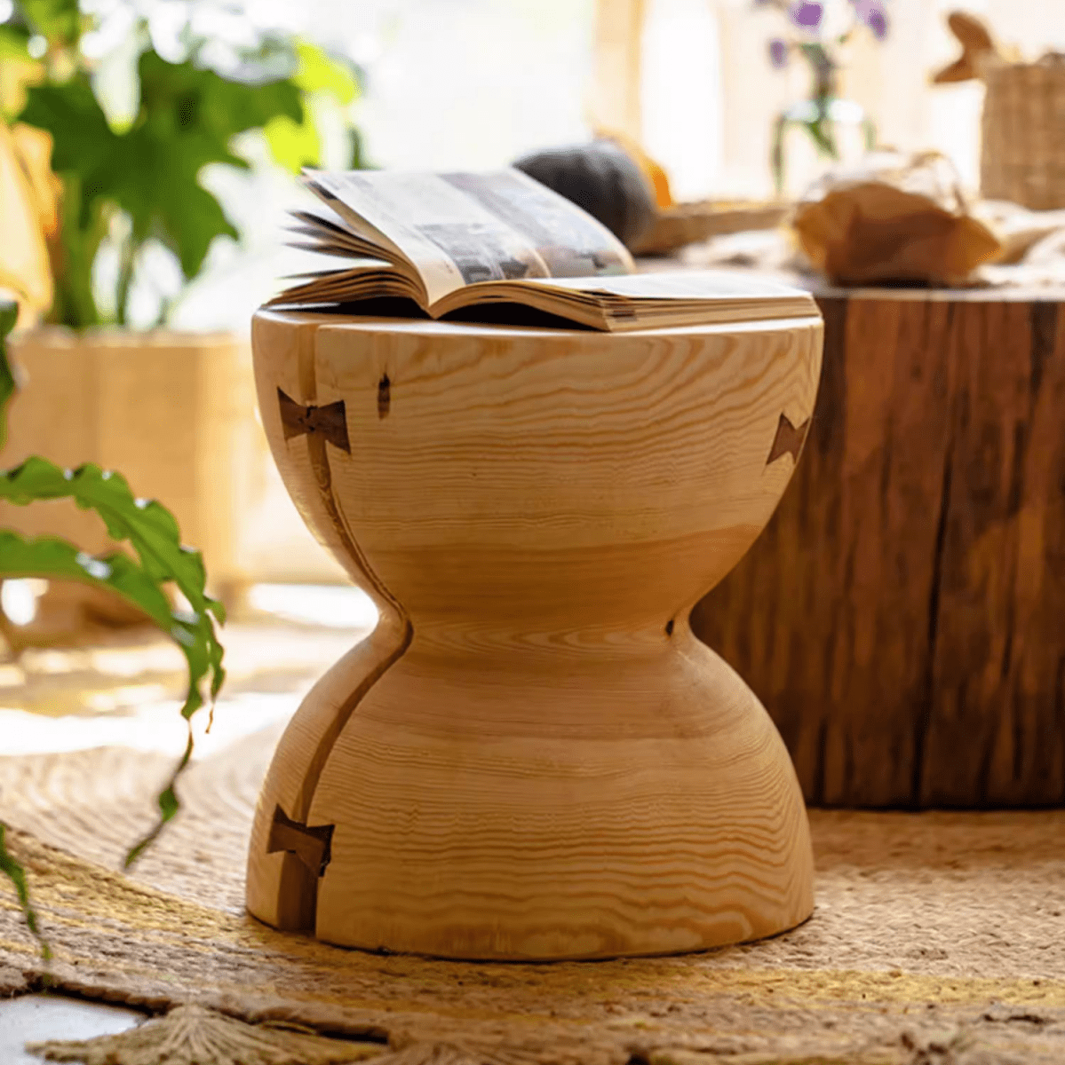 Solid Wood Natural End Table by RusticReach with light finish and hourglass base on Tampa Home & Garden Store