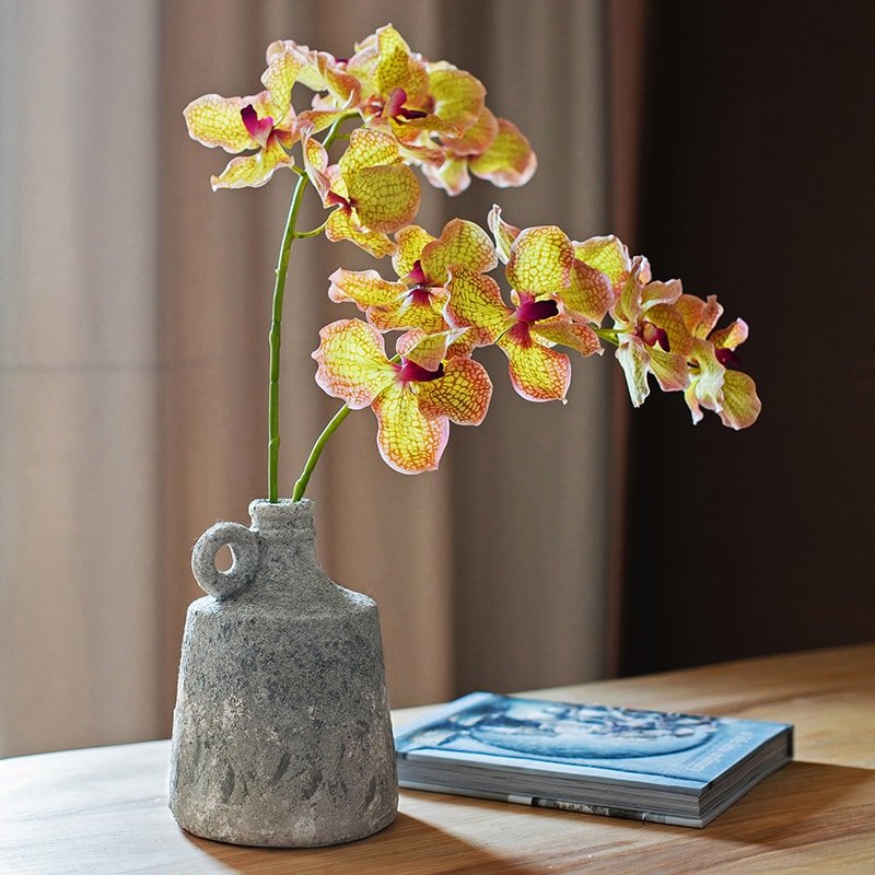 Small Opening Rough Textured Dried Flower Vase by RusticReach with yellow orchid stems on Tampa Home & Garden Store