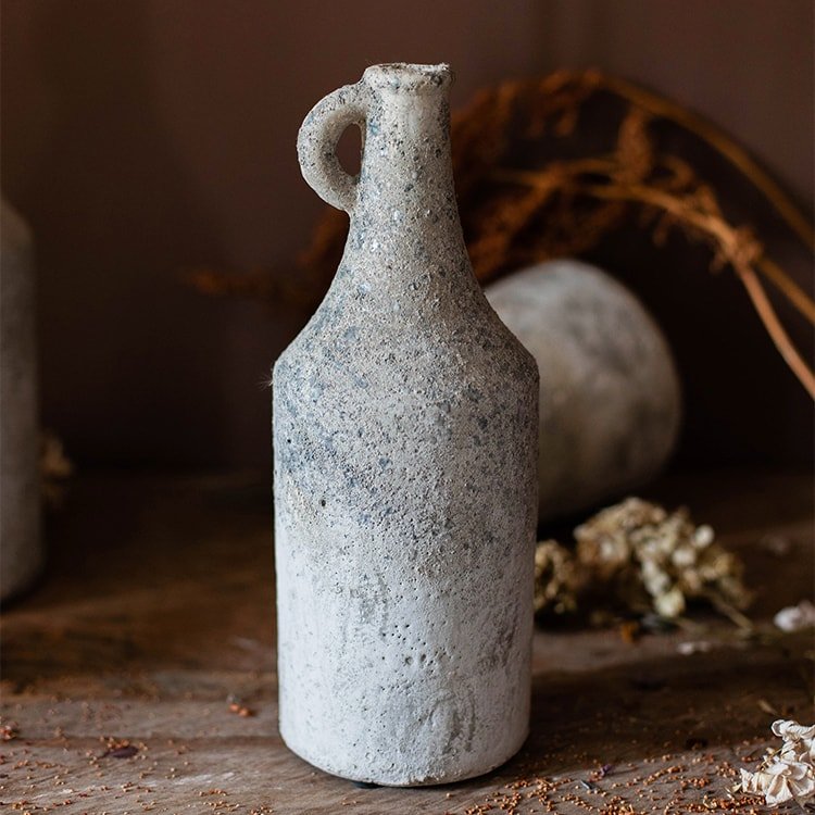 Small Opening Rough Textured Dried Flower Vase, gray ceramic bottle with handle, RusticReach on Tampa Home & Garden Store