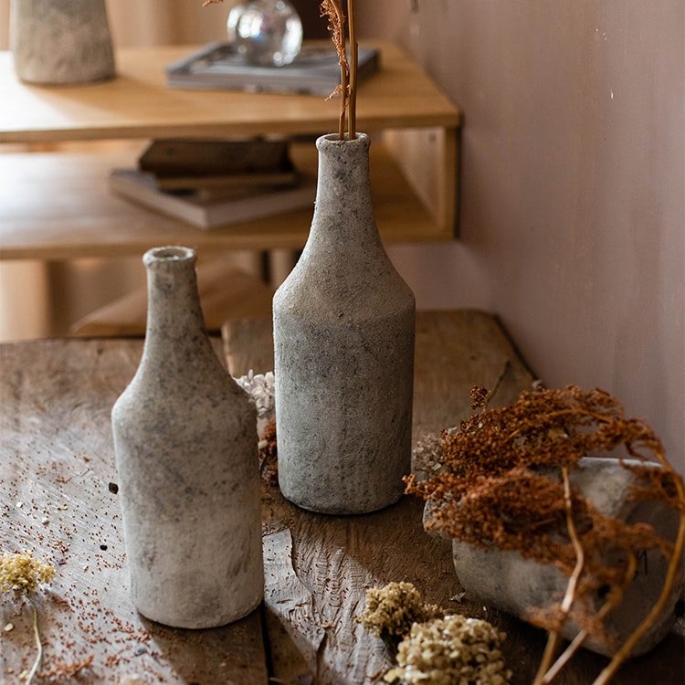 Pair of small opening rough textured gray stoneware vases with dried florals, RusticReach on Tampa Home & Garden Store
