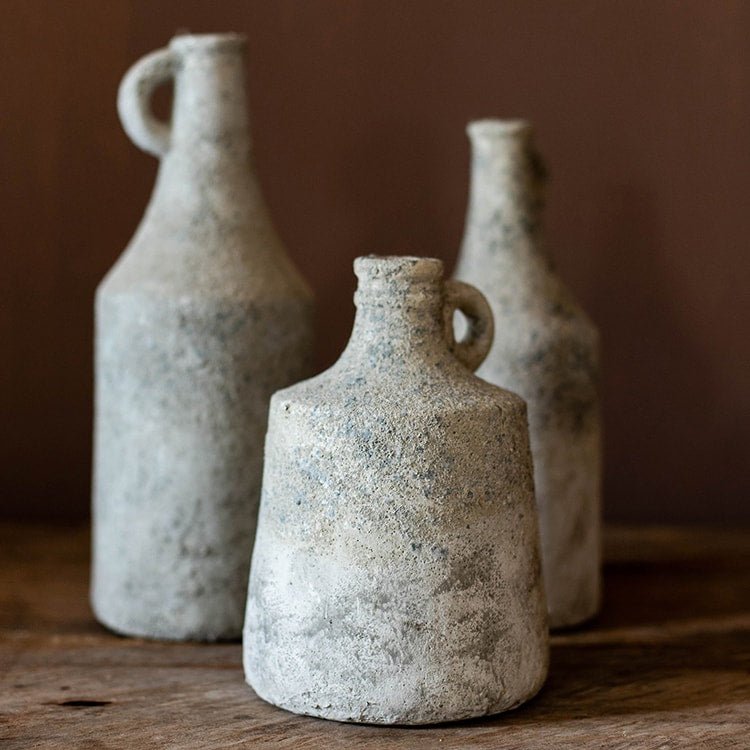 Small opening rough-textured dried flower vase by RusticReach, speckled gray stoneware set of 3 on Tampa Home & Garden Store