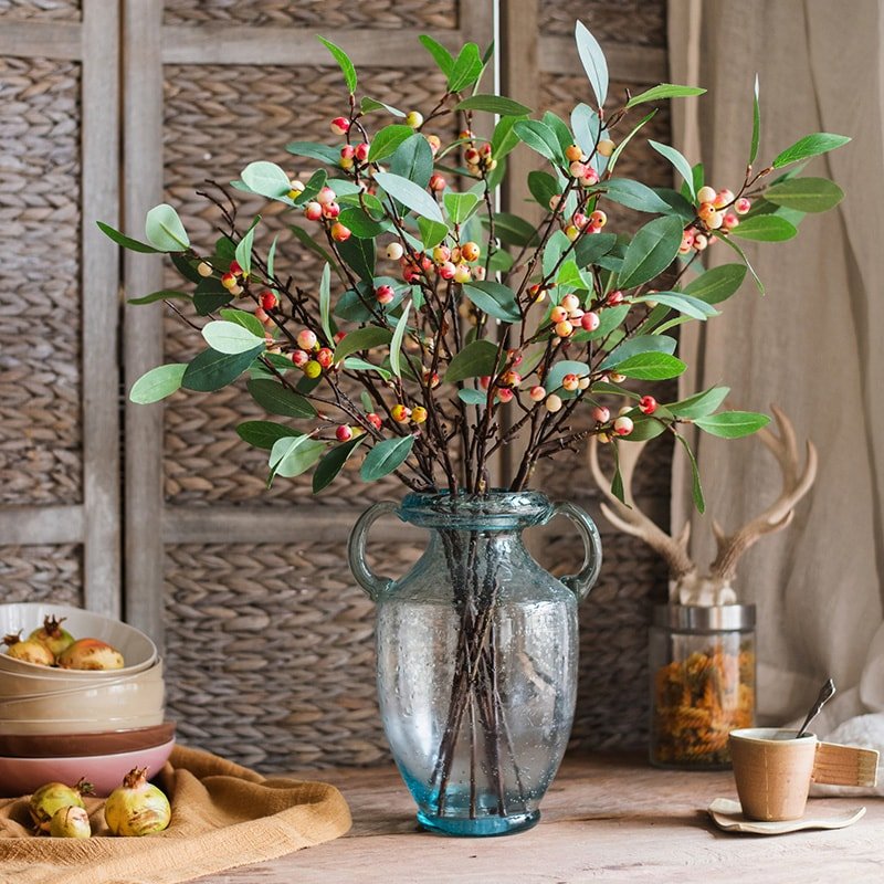 Artificial Snow Berry Leaf Stem 28in Silk Plant with green leaves and berries in a vase RusticReach on Tampa Home & Garden Store