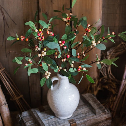 Artificial snowberry leaf stem silk plant, 28in tall, green leaves with red berries in vase on Tampa Home & Garden Store