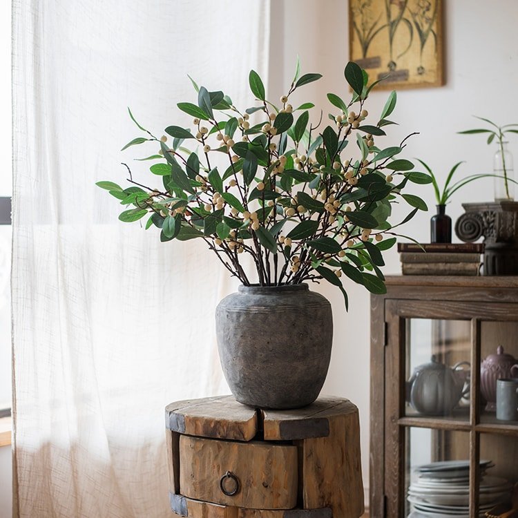 Artificial Snow Berry Leaf Stem Silk Plant, 28" tall, in a gray ceramic pot, RusticReach on Tampa Home & Garden Store