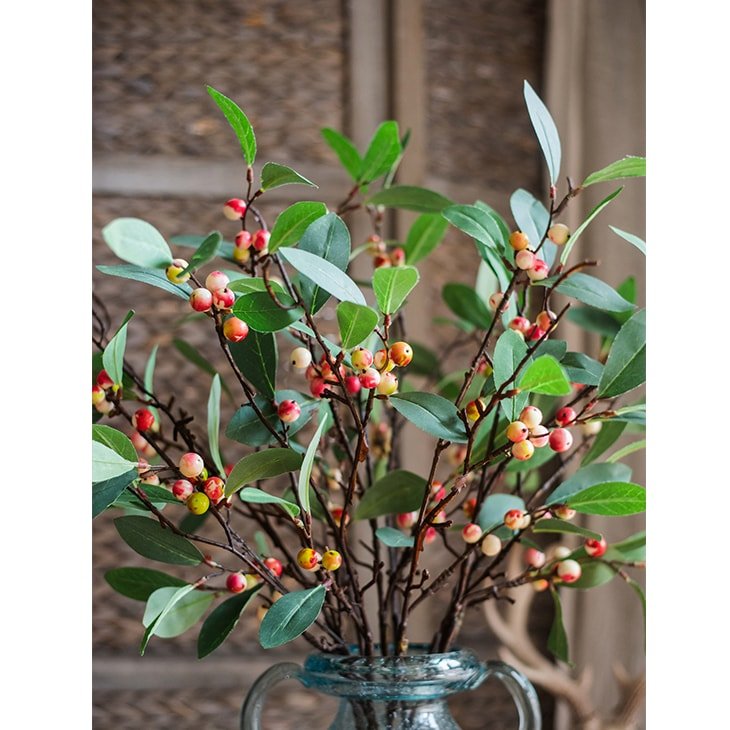 Artificial Snow Berry Leaf Stem 28-in silk plant with green leaves and berries in a glass jar on Tampa Home & Garden Store