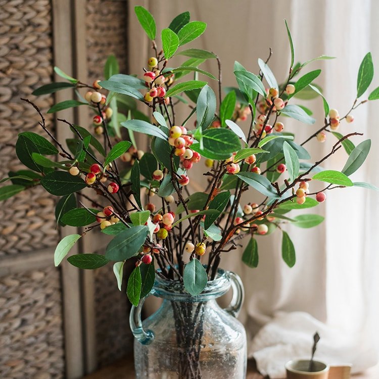 Artificial Snow Berry Leaf Stem plant 28in tall with leaves and red berries in a glass pitcher on Tampa Home & Garden Store