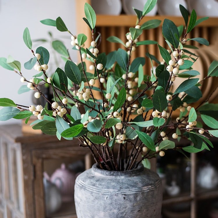Artificial Snow Berry stem 28 silk plant with green leaves and white berries RusticReach on Tampa Home & Garden Store