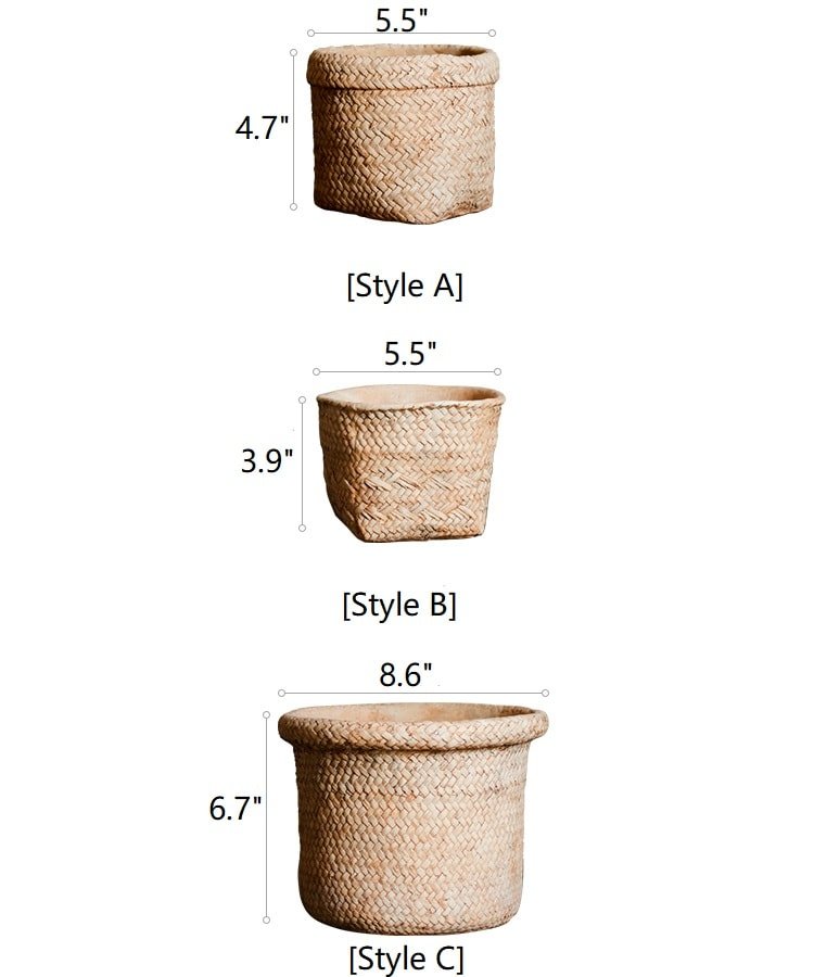Straw Basket Style Concrete Planter by RusticReach; natural woven finish in Styles A, B, and C on Tampa Home & Garden Store
