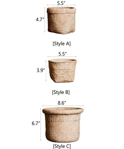 Straw Basket Style Concrete Planter by RusticReach; natural woven finish in Styles A, B, and C on Tampa Home & Garden Store