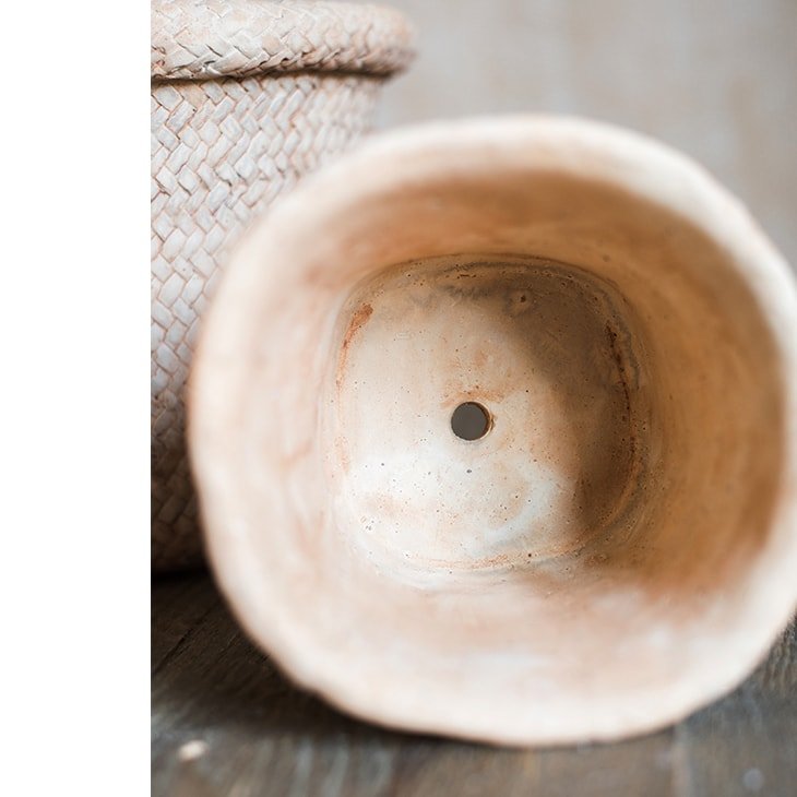 Straw Basket Style Concrete Planter RusticReach, light beige with drainage hole on Tampa Home & Garden Store