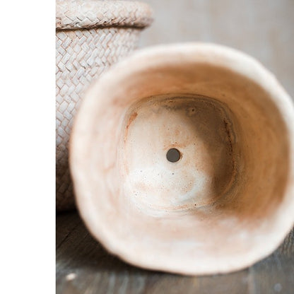 Straw Basket Style Concrete Planter RusticReach, light beige with drainage hole on Tampa Home & Garden Store