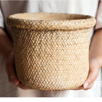 RusticReach straw basket style concrete planter in natural tan woven texture on Tampa Home & Garden Store