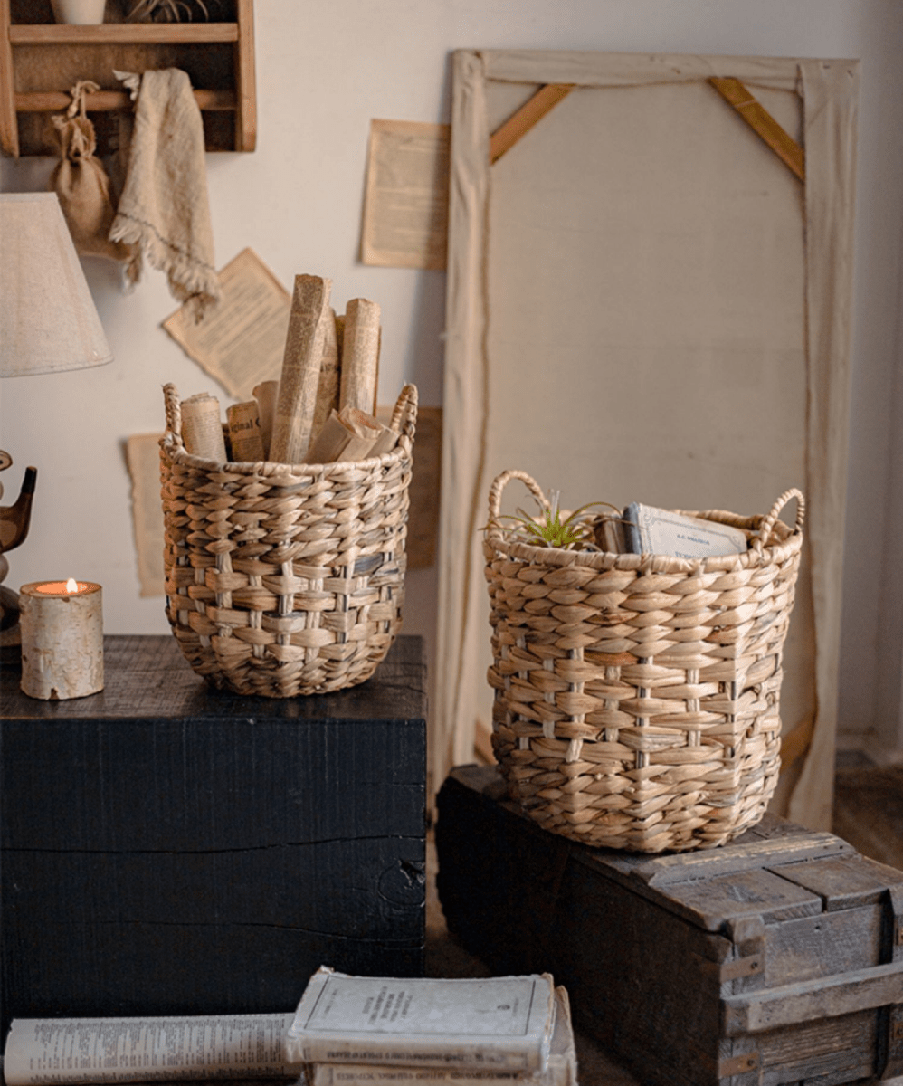Natural straw round basket with handles by RusticReach; woven, two baskets on display on Tampa Home & Garden Store