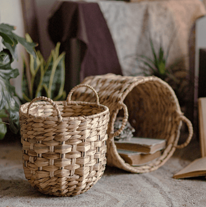 Natural straw round baskets with handles, 2-piece set in beige woven style by RusticReach on Tampa Home & Garden Store
