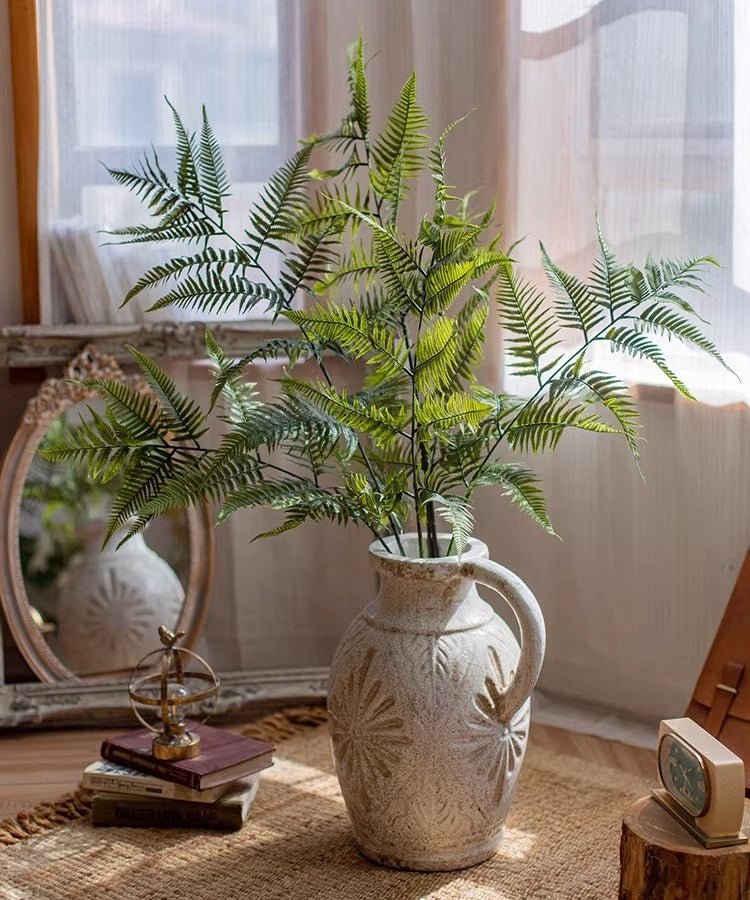 Artificial Tall Fern Leaf Stem by RusticReach, green fern fronds in a ceramic pitcher on Tampa Home & Garden Store
