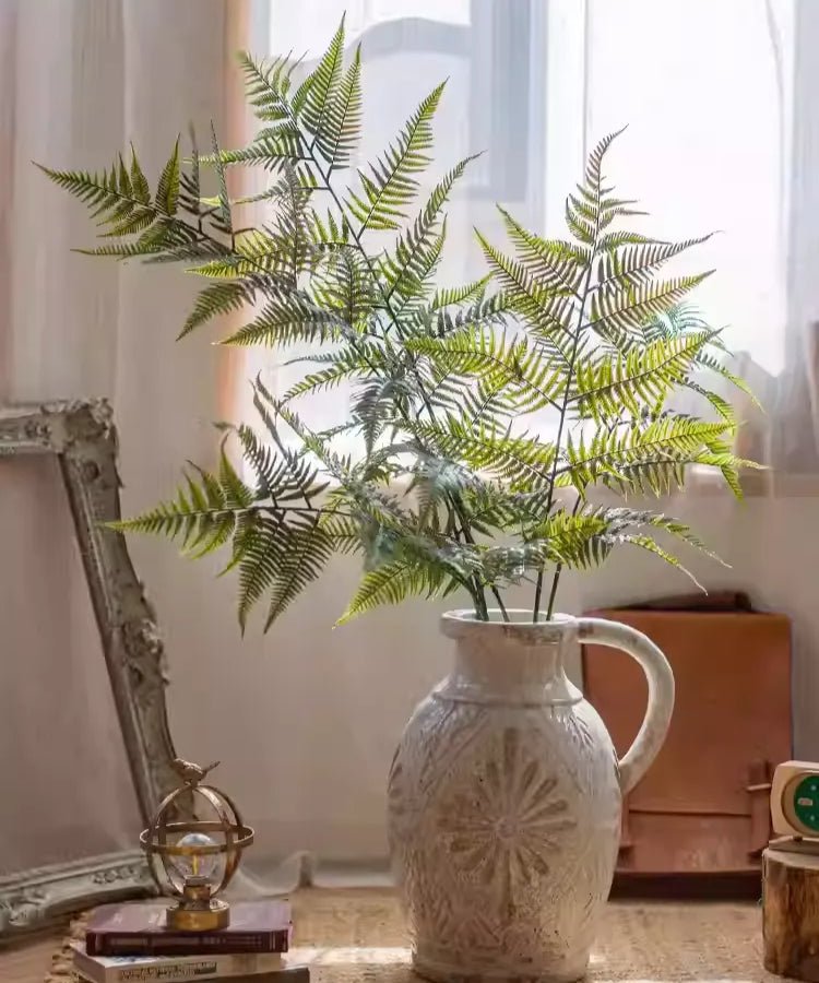 Artificial Tall Fern Leaf Stem in a textured white ceramic pitcher on Tampa Home & Garden Store