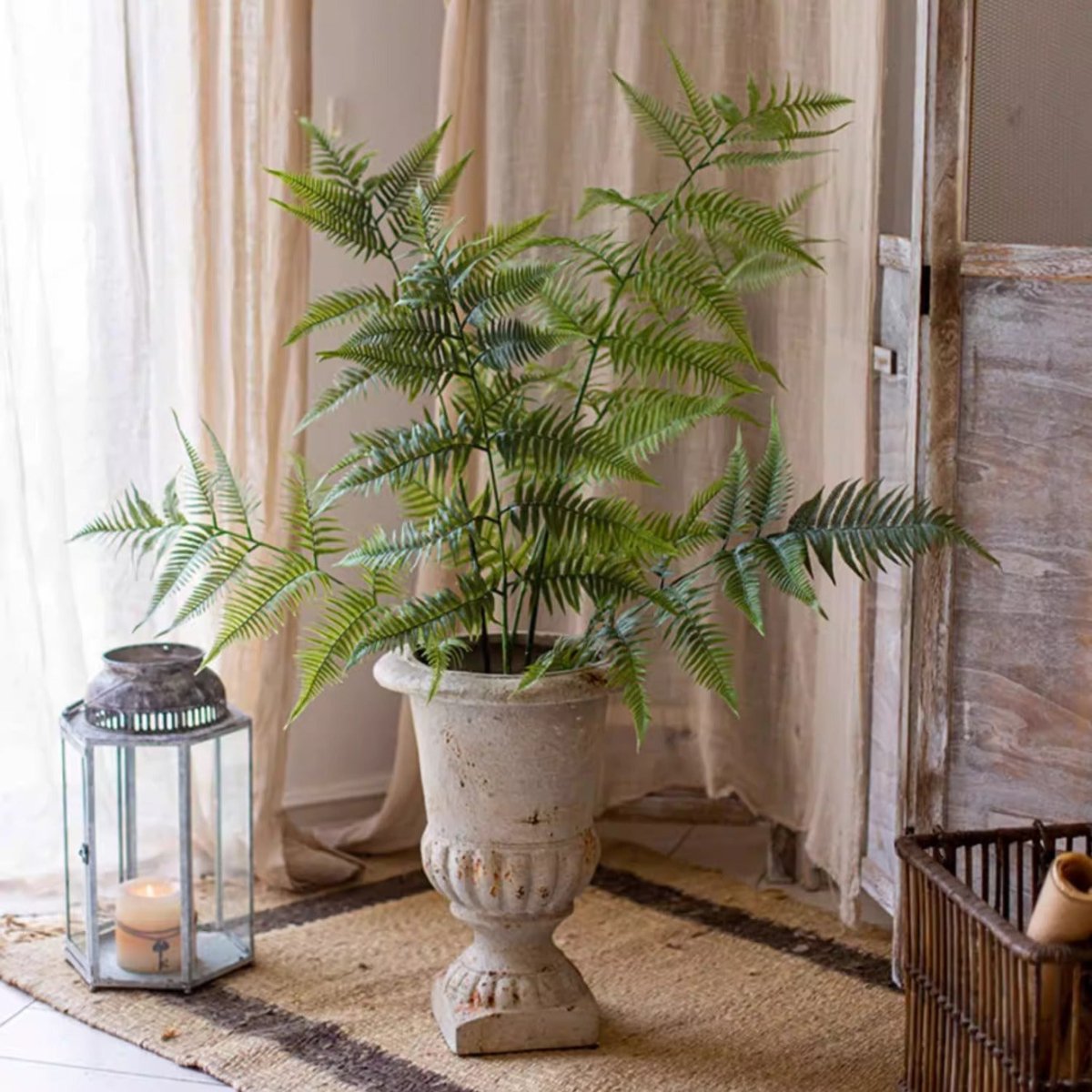 Artificial Tall Fern Leaf Stem multi-stem with green faux fronds in a stone urn planter on Tampa Home & Garden Store