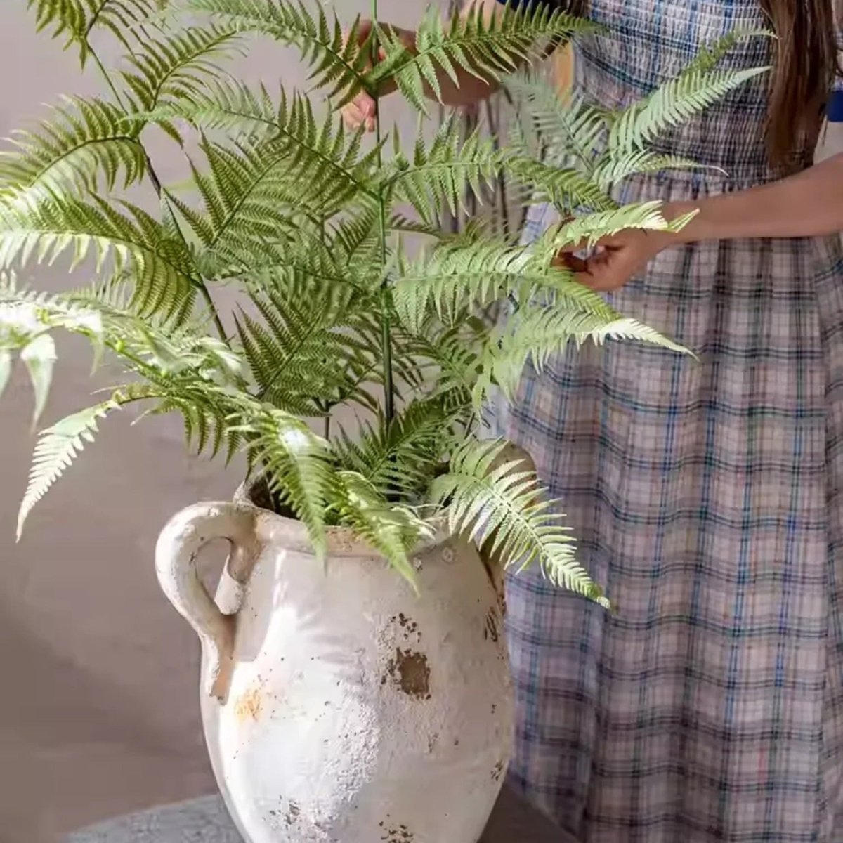 Artificial Tall Fern Leaf Stem by RusticReach with lush green fronds in a white ceramic vase on Tampa Home & Garden Store