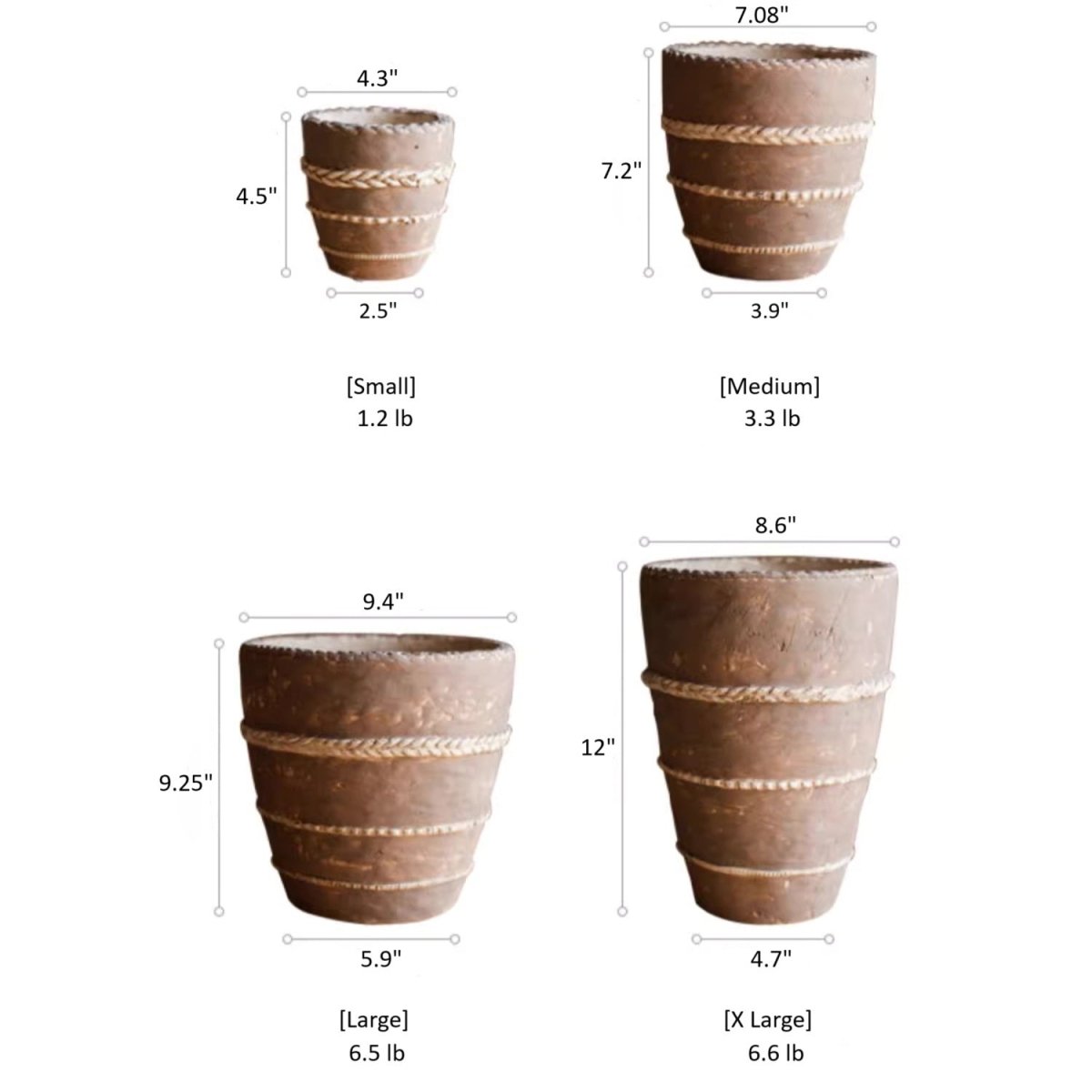 Tasha Red Terracotta Planters by RusticReach four sizes Small to X-Large with rope bands on Tampa Home & Garden Store