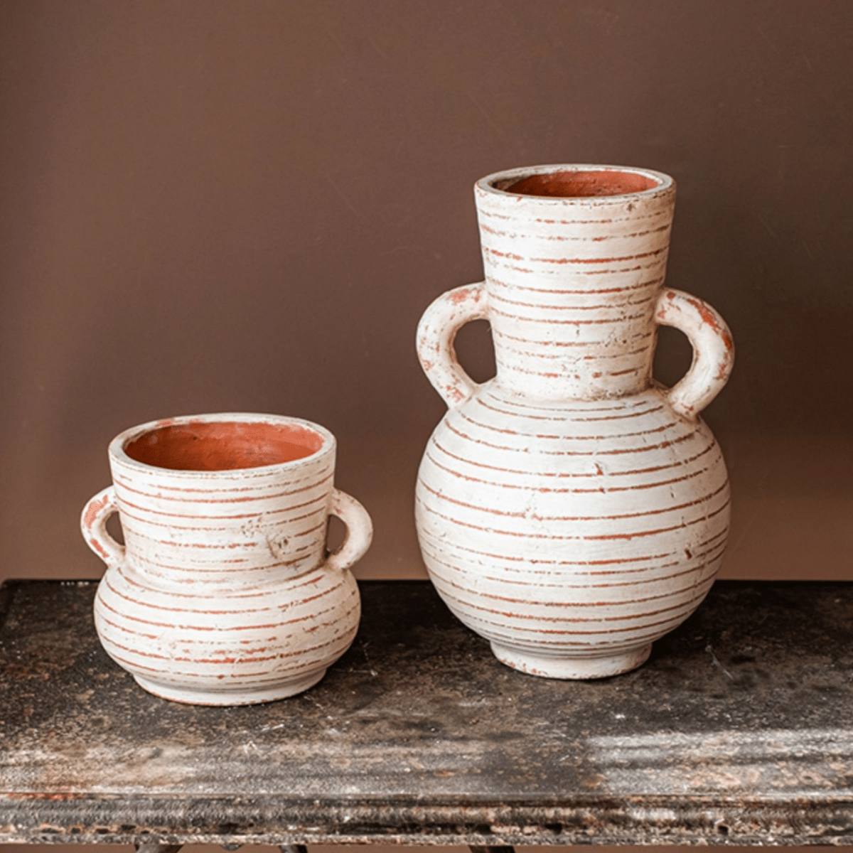 Terracotta Planter Vase with Handles, whitewashed with rust stripes, two-piece RusticReach set on Tampa Home & Garden Store
