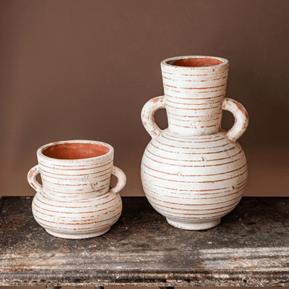 Terracotta Planter Vase with Handles, whitewashed with rust stripes, two-piece RusticReach set on Tampa Home & Garden Store