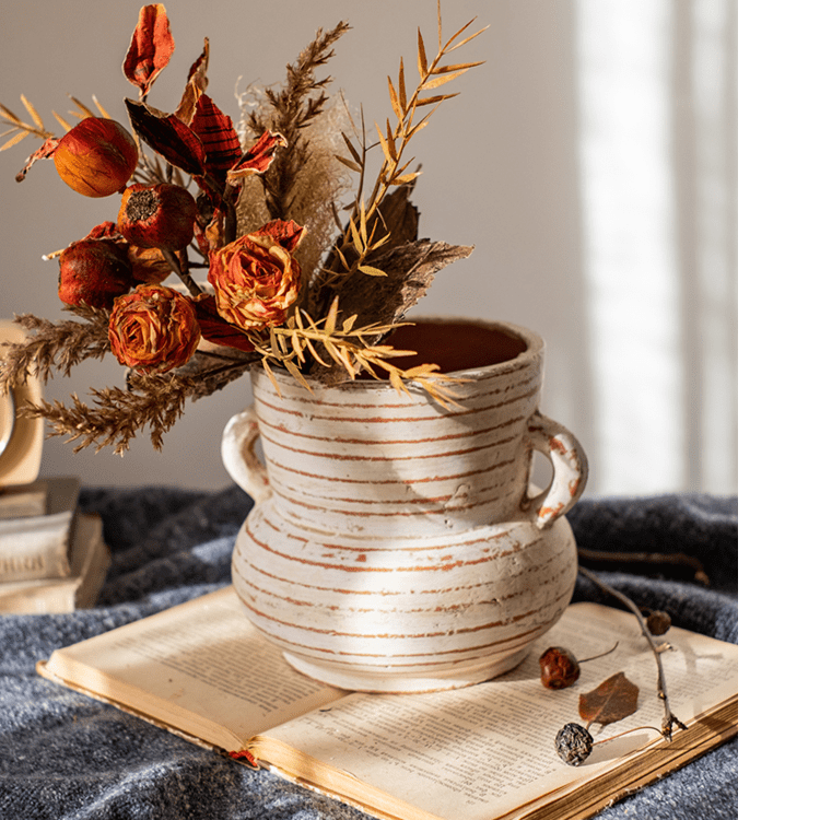 Terracotta Planter Vase with Handles, cream ceramic with stripes, dried autumn bouquet on Tampa Home & Garden Store