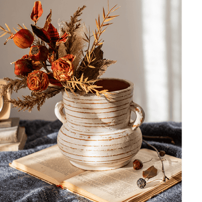 Terracotta Planter Vase with Handles, cream ceramic with stripes, dried autumn bouquet on Tampa Home & Garden Store
