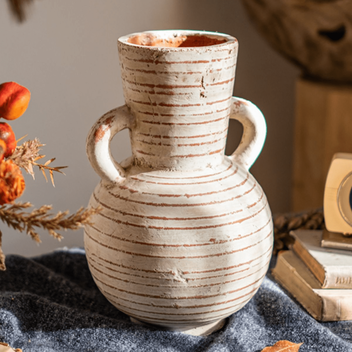 Terracotta Planter Vase with Handles, white glaze with brown horizontal stripes on Tampa Home & Garden Store