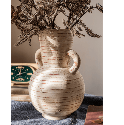 Terracotta Planter Vase with Handles by RusticReach, cream with brown horizontal stripes on Tampa Home & Garden Store