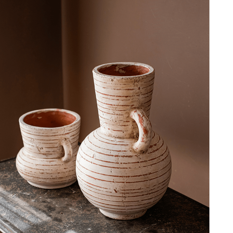 Terracotta planter vase with handles, cream glaze with brown stripes, two-piece set on Tampa Home & Garden Store