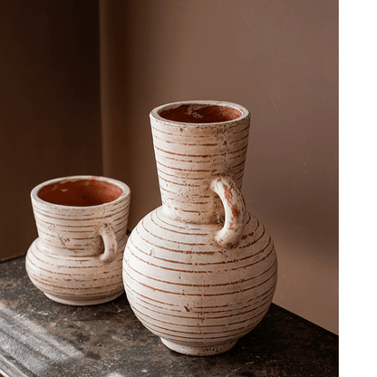 Terracotta planter vase with handles, cream glaze with brown stripes, two-piece set on Tampa Home & Garden Store