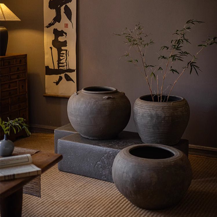 Traditional Round Belly Zen Style Ceramic Vase set by RusticReach, 3 gray stoneware vases on Tampa Home & Garden Store