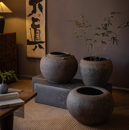 Traditional Round Belly Zen Style Ceramic Vase set by RusticReach, 3 gray stoneware vases on Tampa Home & Garden Store