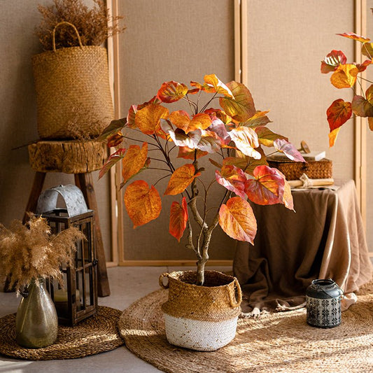 Artificial silk red leaf banyan tree in pot by RusticReach with a woven two-tone planter on Tampa Home & Garden Store