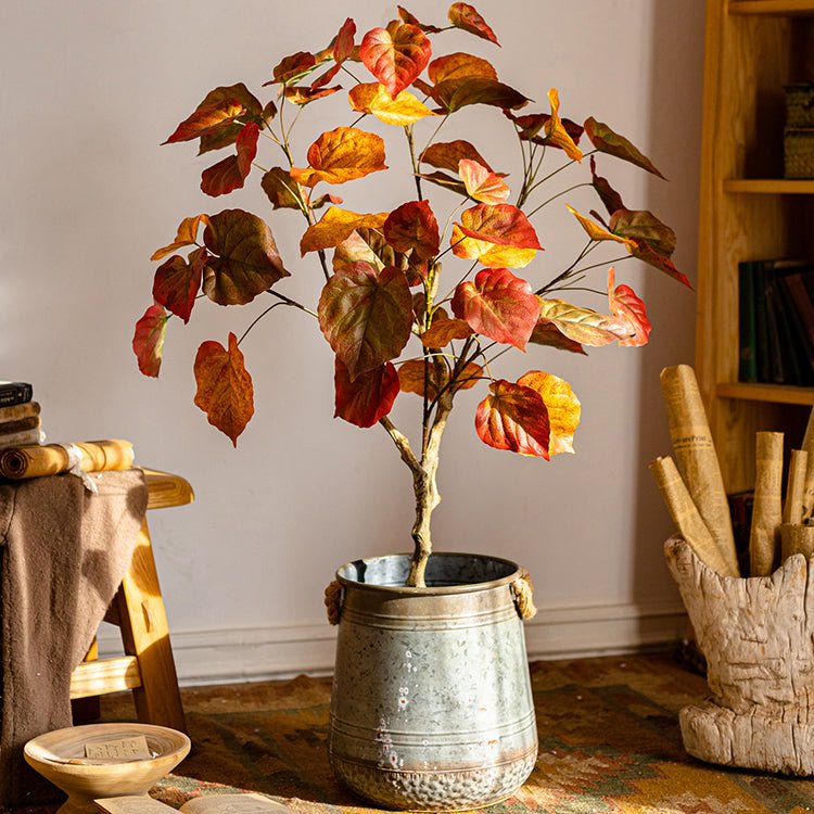 RusticReach artificial silk red leaf banyan tree in a galvanized metal pot on Tampa Home & Garden Store