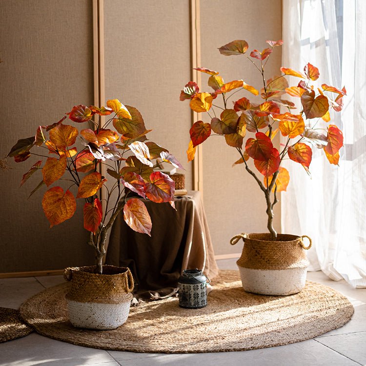 Artificial Silk Red Leaf Banyan Tree in Pot, RusticReach pair of decorative indoor trees on Tampa Home & Garden Store