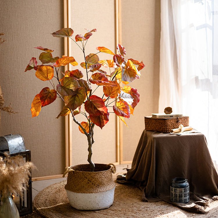 Artificial Silk Red Leaf Banyan Tree in Pot by RusticReach, with woven basket planter on Tampa Home & Garden Store