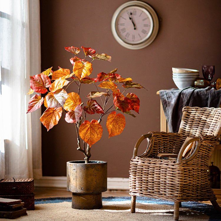 Artificial Silk Red Leaf Banyan Tree in Pot by RusticReach orange-red leaves in metal pot on Tampa Home & Garden Store