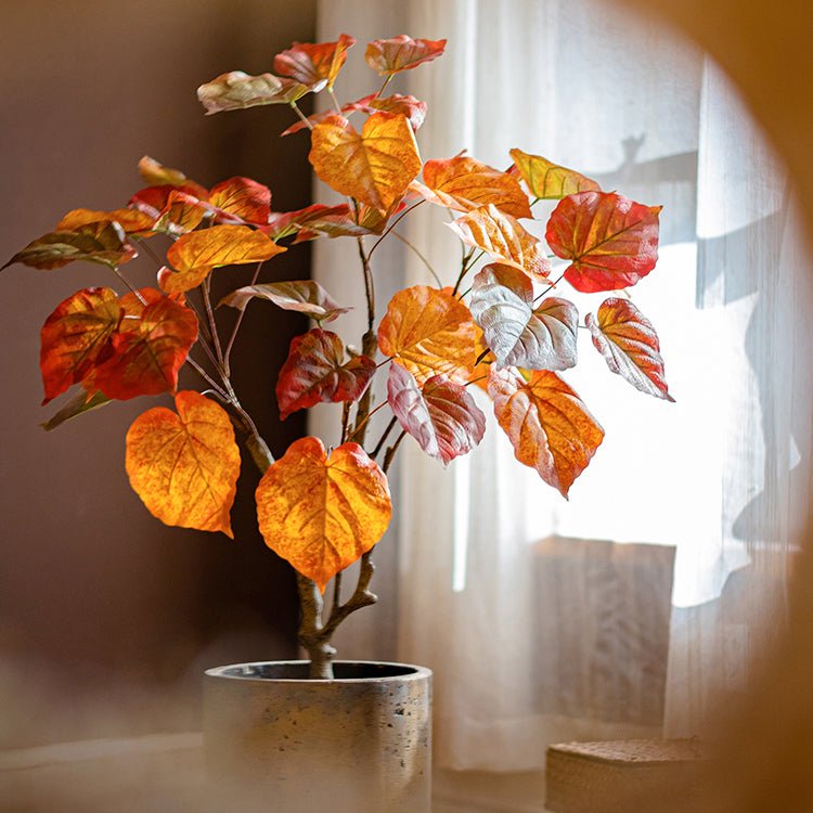 Artificial Silk Red Leaf Banyan Tree in Pot with autumn orange-red leaves, RusticReach on Tampa Home & Garden Store