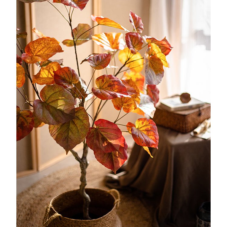 Artificial Silk Red Leaf Banyan Tree In Pot by RusticReach with orange leaves in a burlap pot on Tampa Home & Garden Store