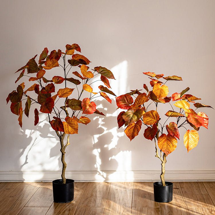 Artificial Silk Red Leaf Banyan in Pot, RusticReach, two potted banyan trees with orange leaves on Tampa Home & Garden Store