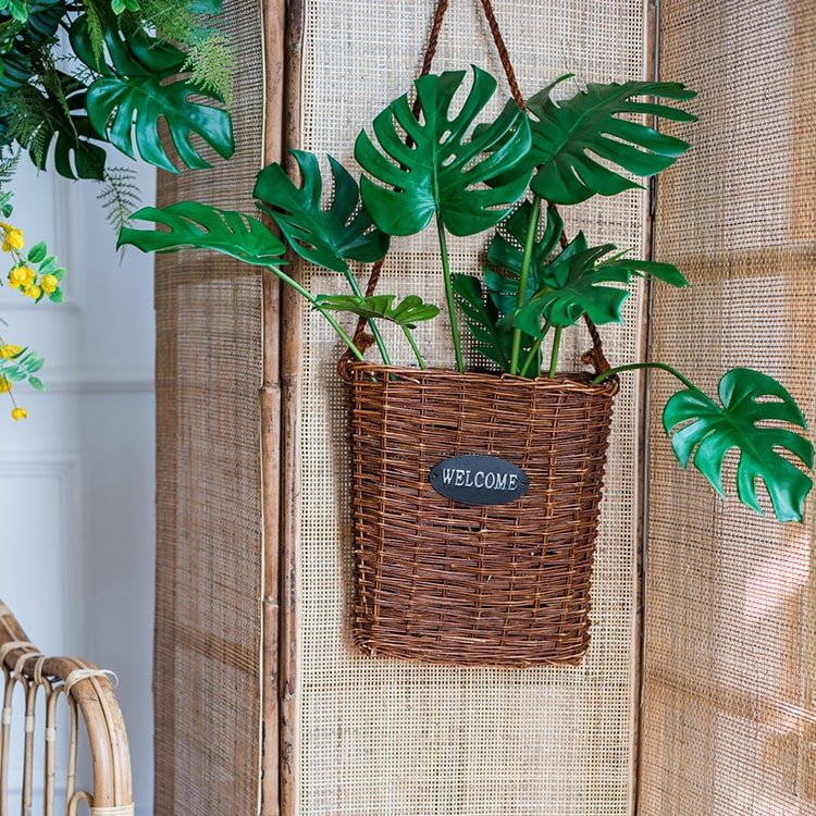 Artificial Turtle Leaf Stem Bunch with leaves in brown wicker hanging basket RusticReach on Tampa Home & Garden Store