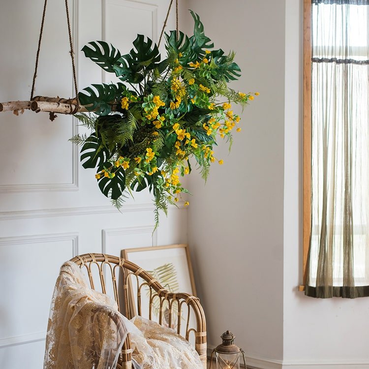 Artificial Turtle Leaf Stem Bunch RusticReach green leaves with yellow blooms in hanging display on Tampa Home & Garden Store