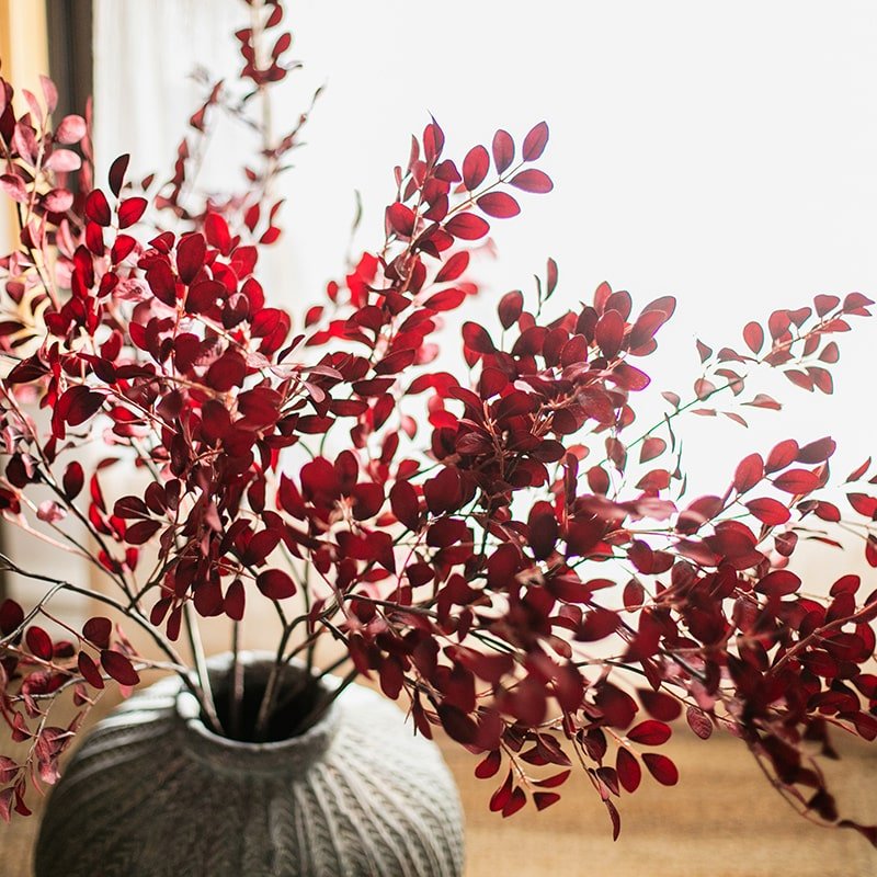 RusticReach artificial red Tzu Tan leaf stem, 42-inch tall, in a gray ribbed vase on Tampa Home & Garden Store
