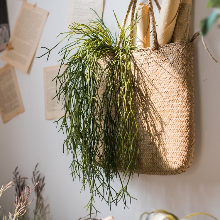 Artificial Faux Usnea Vine Stem 22in with wispy green strands in a woven basket RusticReach on Tampa Home & Garden Store