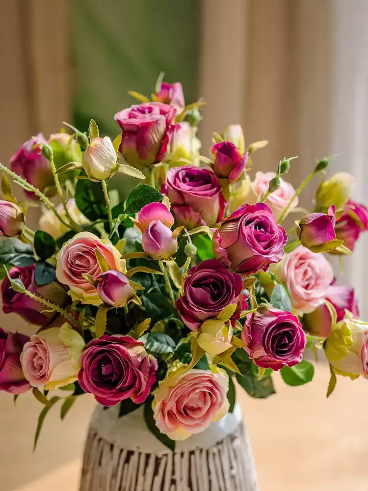 Vintage Garden Rose Stem bouquet of pink and magenta artificial roses in a rustic vase on Tampa Home & Garden Store