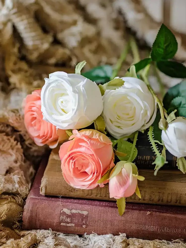 Vintage Garden Rose Stem 25in white and peach artificial roses RusticReach flowering plant on Tampa Home & Garden Store