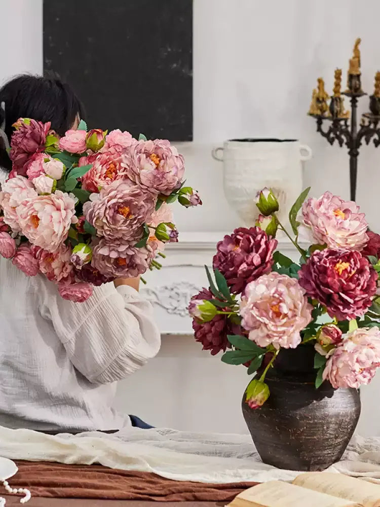 Vintage Peony Stem 26in artificial bouquet in pink blush with green leaves by RusticReach on Tampa Home & Garden Store