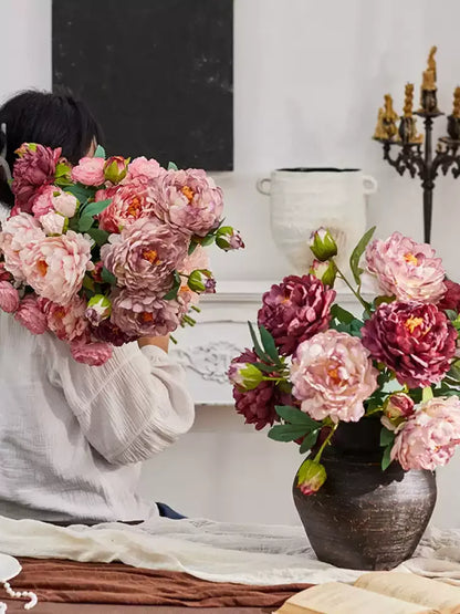 Vintage Peony Stem 26in artificial bouquet in pink blush with green leaves by RusticReach on Tampa Home & Garden Store