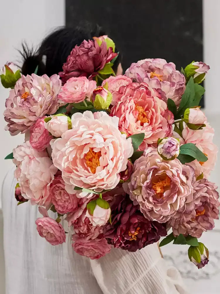Vintage Peony Stem 26in artificial bouquet by RusticReach in pink and peach with green leaves on Tampa Home & Garden Store